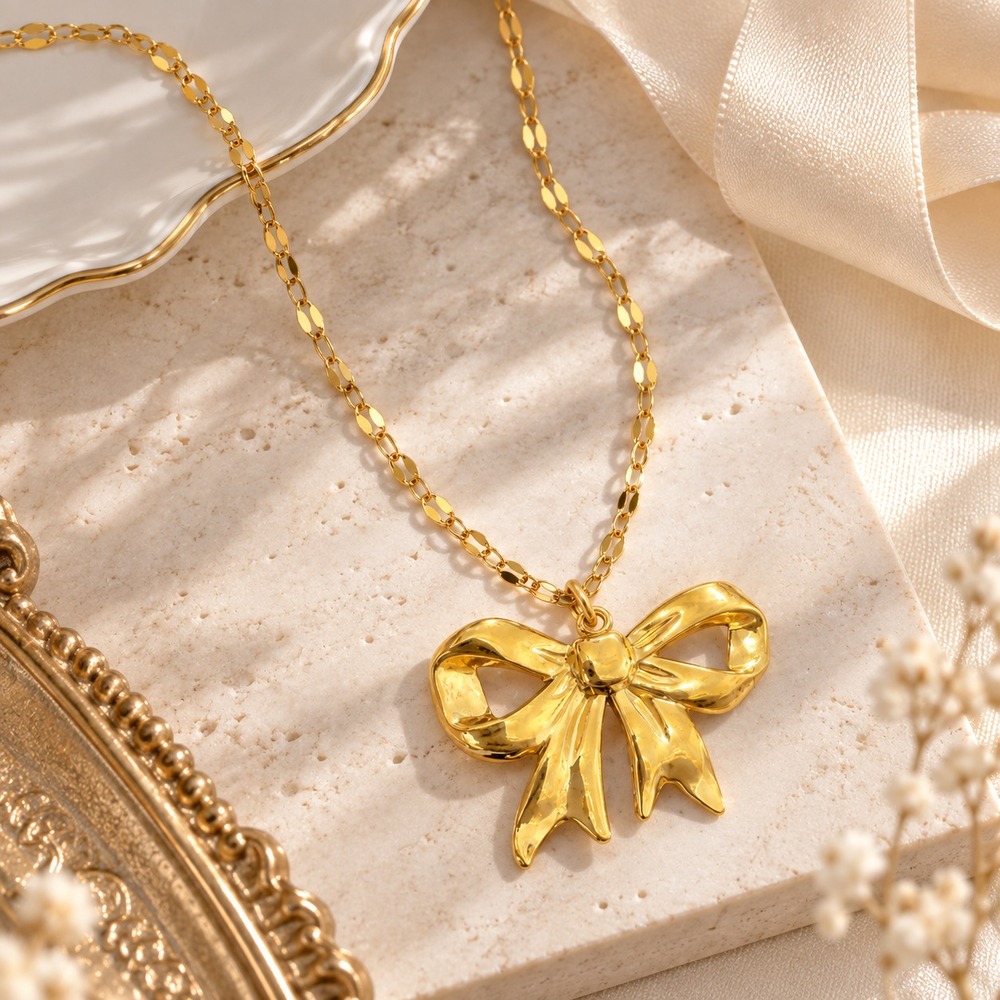 Gold Bow Necklace 18K Gold Plated Stainless Steel Coquette Ribbon Pendant 18"